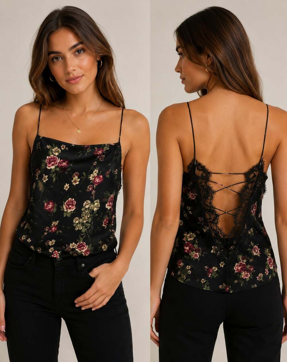 NWT Cami NYC The Racer XS Dark Rose Floral Charmeuse Lace Up Back Cami Top